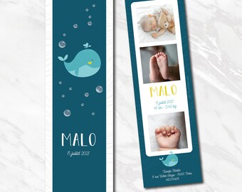Lot faire-part, Marque-page naissance, Marque-page faire part naissance, Marque-page photos, marque page baleine, animaux de la mer, océan