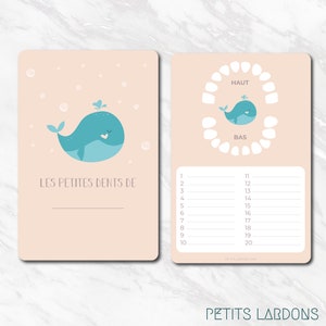 Carte dents bébé, carte "les petites dents de ...", carte baleine, bébé baleine, animaux marins, carte dents mixte, carte dents de lait Rose poudré