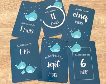 Cartes étapes bébé, cartes étapes naissance, cartes étapes mixte, souvenirs bébé, première année, carte étapes baleine, cartes bébé baleine