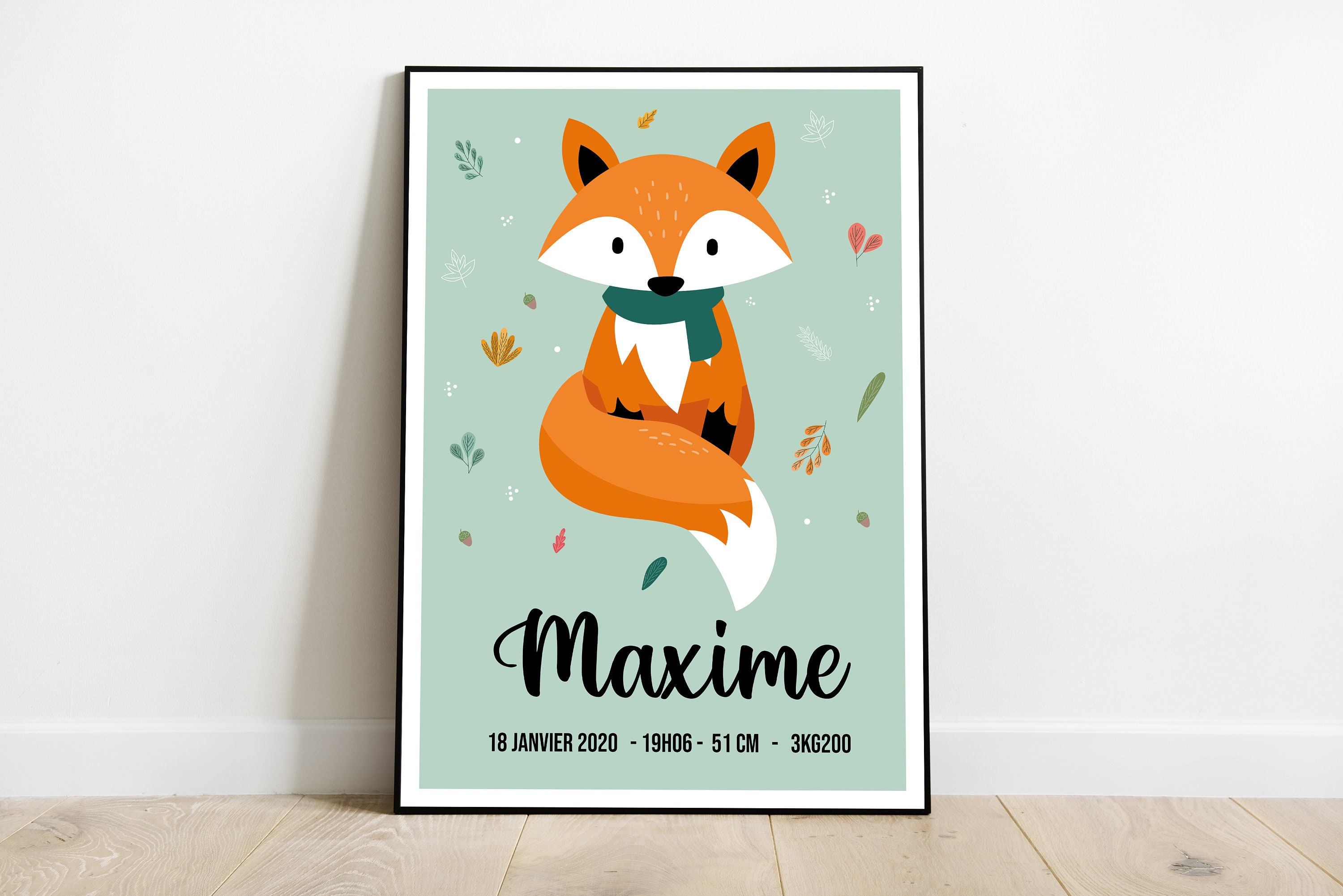 Affiche de Naissance à Personnaliser, Poster Naissance, Affiche Renard, Renard, Automne, Hiver