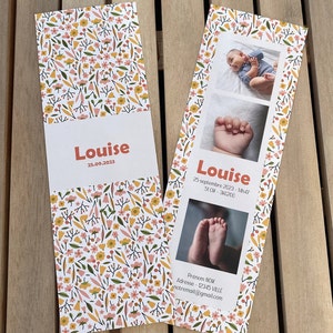 Announcement lot, Birth bookmark, Birth announcement bookmark, Photo bookmark, liberty flower bookmark, girl announcement