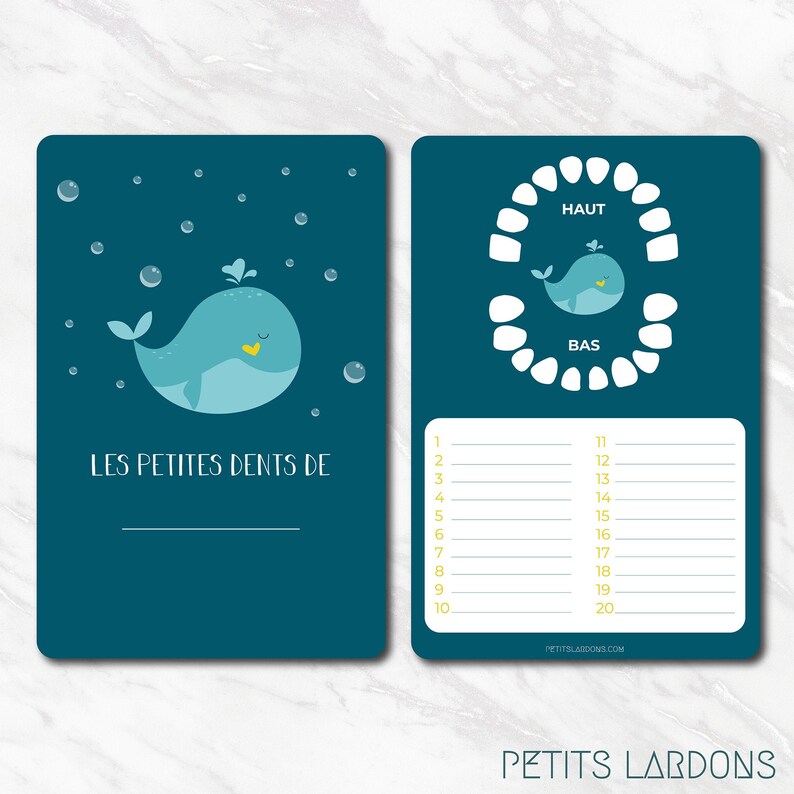 Carte dents bébé, carte "les petites dents de ...", carte baleine, bébé baleine, animaux marins, carte dents mixte, carte dents de lait Bleu roi