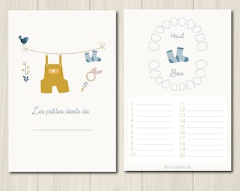 Carte dents bébé, carte "les petites dents de ...", petits habits de bébé, hochet lapin