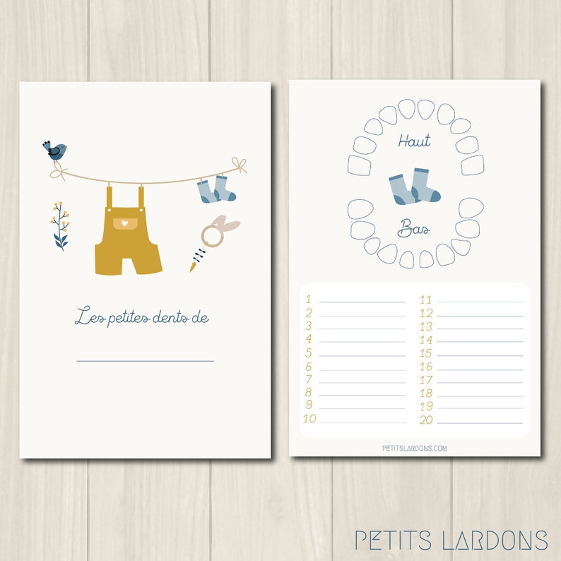 Carte dents bébé, carte "les petites dents de ...", petits habits de bébé, hochet lapin Gaspard (salopette)