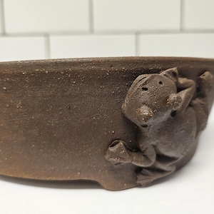 Puede incluir: Una maceta de cerámica marrón con una superficie texturizada. La maceta presenta un relieve detallado de una ardilla en un lado. La forma de cuenco bajo y ancho es adecuada para bonsáis o suculentas.