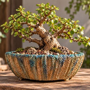 Może przedstawiać: Małe drzewko bonsai o grubym, teksturowanym pniu i licznych zielonych liściach, posadzone w okrągłej, żłobkowanej ceramicznej doniczce. Doniczka ma porowate, beżowo-niebieskie szkliwo z pionowymi żłobieniami i stoi na małych, zintegrowanych nóżkach.