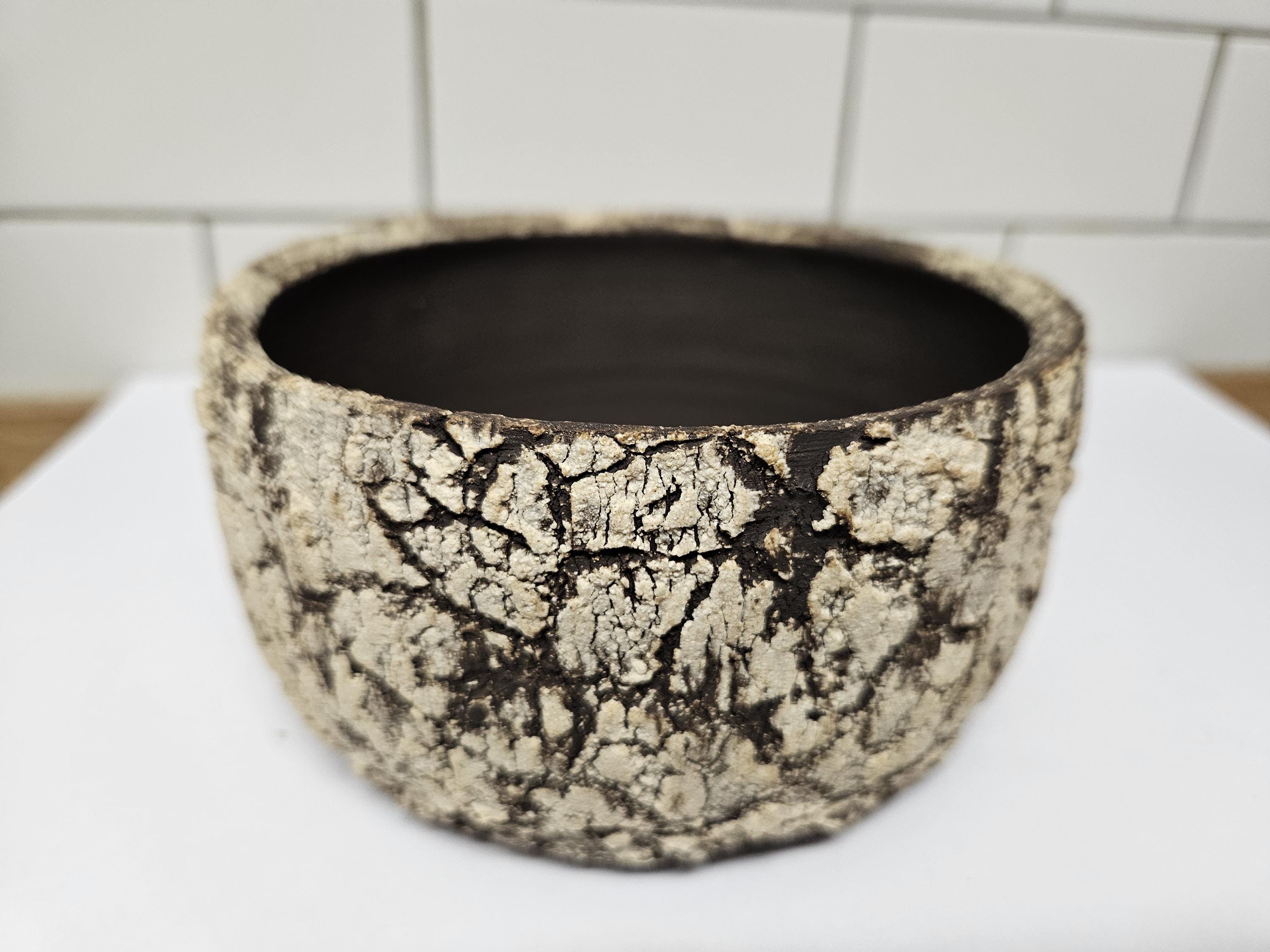 Handmade Ceramic Bonsai Pot With Drainage, Crackle Texture