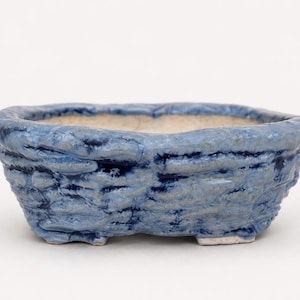 Handmade Ceramic Kusamono Pot with Drainage, Small Blue Glazed Stoneware Bonsai Planter, Wabi Sabi Accent Plant & Succulent Pot