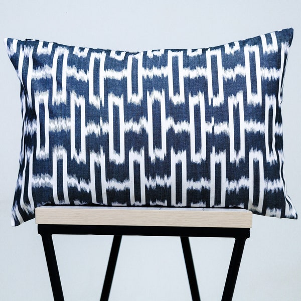 100% Cotton ikat Cushion Cover from Traditional Handwoven Fabric 16x24" (40x60cm) Double Side Ethnic Pillow Cover, Geometric Black Cushion