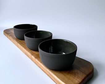 Nibble bowls - set of three - black clay - glossy transparent glaze with blue highlights - Handmade - Wheel Thrown