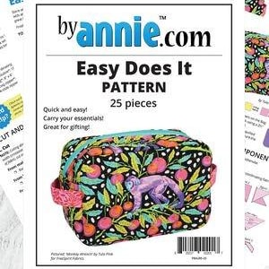 May include: A sewing pattern titled "Easy Does It" by Annie.com, featuring a colorful cosmetic bag with a monkey and fruit design. The pattern includes 25 pieces and is designed for quick and easy projects, perfect for gifting.