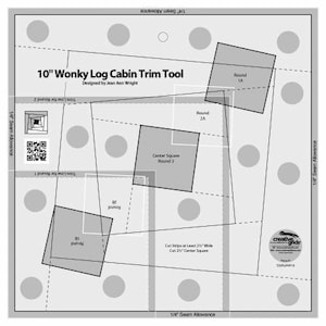 May include: A black and white diagram showing how to cut fabric strips for a 10-inch Wonky Log Cabin quilt block. The diagram includes instructions to cut strips at least 2 1/2 inches wide and a center square that is 2 1/2 inches. The diagram also includes seam allowances and trim lines for each round of the quilt block.