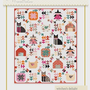May include: A colorful quilt pattern titled "witches' delight" featuring various Halloween-themed images. The quilt design includes images of black cats, witches, pumpkins, and houses. The quilt is made with a variety of fabrics in shades of orange, pink, black, and white.