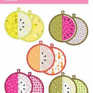 May include: Four pairs of colorful pot holders shaped like fruit slices. The pot holders are made of fabric and have a quilted design. The designs include watermelon, pineapple, lemon, and apple slices.