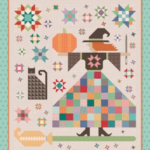May include: A colorful quilt pattern featuring a witch with a pumpkin, a black cat, and a broom. The quilt is titled "The Quilted Witch" and is designed by Lori Holt for Bee in my Bonnet Co.