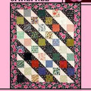 May include: A quilt pattern called "Carefree" by Villa Rosa Designs. The quilt features a diagonal pattern of colorful squares on a black background with a black and white floral border.