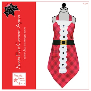 May include: Red and black plaid apron with a white Santa Claus design. The apron has a black belt with a gold buckle and a white pocket. The text "Santa Four Corners Apron" and "Santa Claus is coming to town!" is printed on the left side of the image.