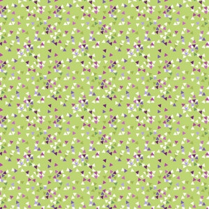 May include: A seamless pattern of small triangles in shades of green, purple, and white on a light green background.