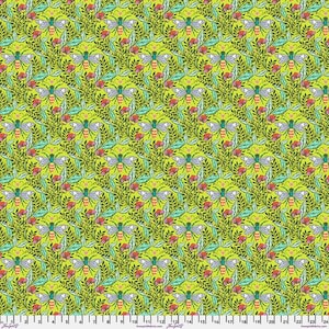 May include: A vibrant fabric with a repeating pattern of bees, leaves, and flowers in shades of green, red, and teal on a yellow background. The design includes a ruler along the bottom edge, with measurements in inches.