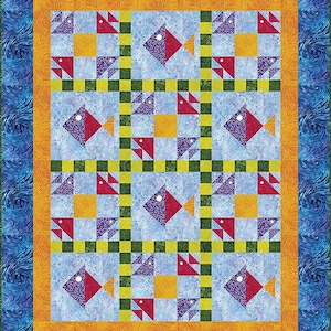 May include: A colorful quilt with a repeating pattern of fish. The fish are made of purple, red, and white fabric. The background of the quilt is blue with a yellow and green checkered pattern.
