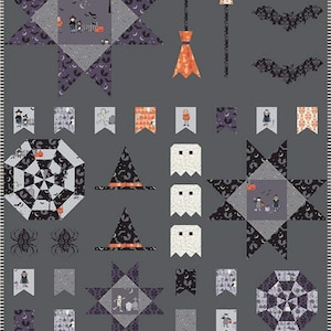May include: A collection of Halloween-themed fabric squares featuring various designs, including stars, pumpkins, ghosts, witches, and bats. The fabric squares are arranged in a grid pattern on a dark gray background.