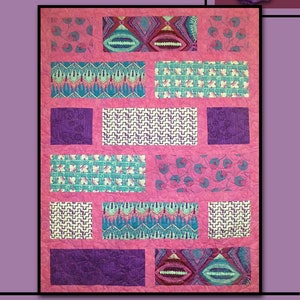 May include: A quilt pattern called "Ebb Tide" by Villa Rosa Designs. The quilt features a pink background with a variety of colorful geometric and floral patterns in shades of blue, green, purple, and white.