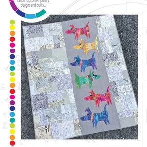 May include: A colorful quilt pattern featuring a row of playful dogs with a modern attitude. The pattern is called "MOD DOG" and includes full-size applique patterns and detailed instructions. #CW-107