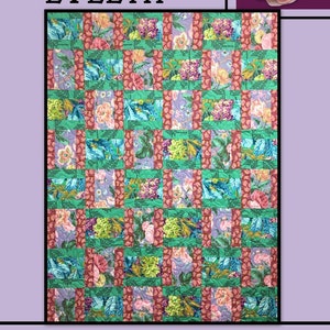 May include: A floral quilt with a patchwork design. The quilt features squares of various floral patterns in shades of pink, purple, green, and blue. The word "EVELYN" is at the top, and "Villa Rosa Designs" is at the bottom.