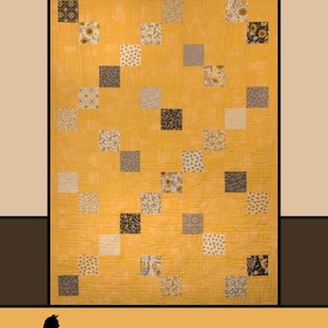 May include: Bee Charming quilt pattern by Melissa Milligan for Villa Rosa Designs. The quilt features a yellow background with a diagonal pattern of squares in various shades of brown, beige, and cream.
