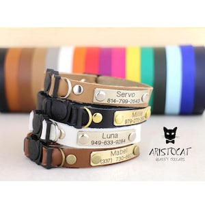Collar de cuero personalizado para gatos, collar de seguridad para gatos, collar de cuero grabado con etiqueta de identificación, collar ajustable para gatos