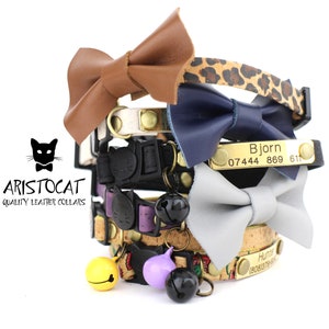 Bow cat collar, Leather cat bow tie, Cat collar with bell, Personalised cat collar with bell and bow
