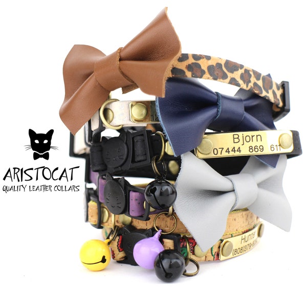 Bow cat collar, Leather cat bow tie, Cat collar with bell, Personalised cat collar with bell and bow