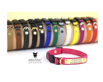 Gepersonaliseerde kattenhalsband, afgescheiden kattenhalsband, lederen kattenhalsband, gegraveerde lederen kattenhalsband met ID-tag, verstelbare kattenhalsband