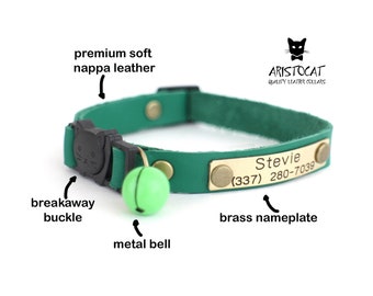 Cat collar with bell - Breakaway leather collar - Personalised cat collar- Free nameplate - Breakaway collar with bell