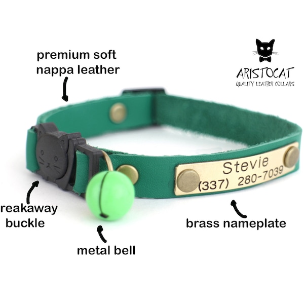 Cat collar with bell - Breakaway leather collar - Personalised cat collar- Free nameplate - Breakaway collar with bell