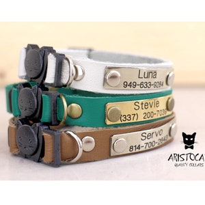 Collar de cuero personalizado para gato, collar con etiqueta de identificación, collar de gato desmontable, collar de cuero grabado para gato, collar ajustable para gato
