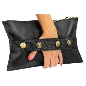 Bolso de mano de piel, Monedero grande tipo sobre, Clutch negro, Bolso vintage de piel para mujer, Bolso de mano negro