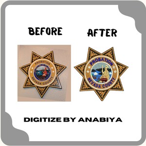 May include: Before and after image of a gold and black star-shaped patch with the words "PROBATION, NEVADA COUNTY" and a depiction of a woman holding a spear and a bear. The patch is embroidered.