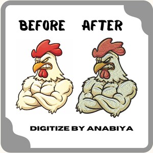May include: Before and after image of a cartoon rooster with a muscular body. The rooster on the left is in its original form, while the rooster on the right has a textured, pixelated appearance. The text "DIGITIZE BY ANABIYA" appears below the roosters.