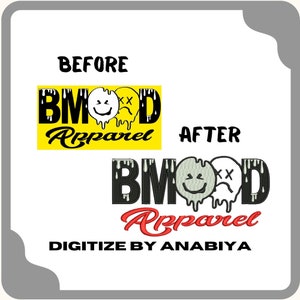 May include: Before and after image of a logo design for a company called "BMOOD Apparel". The logo features a black and white dripping smiley face with an X for an eye. The "before" image shows the logo on a yellow background, while the "after" image shows the logo on a white background with the text "DIGITIZE BY ANABIYIA" below.