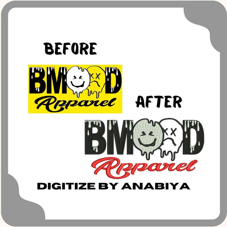 May include: Before and after image of a logo design for a company called "BMOOD Apparel". The logo features a black and white dripping smiley face with an X for an eye. The "before" image shows the logo on a yellow background, while the "after" image shows the logo on a white background with the text "DIGITIZE BY ANABIYIA" below.