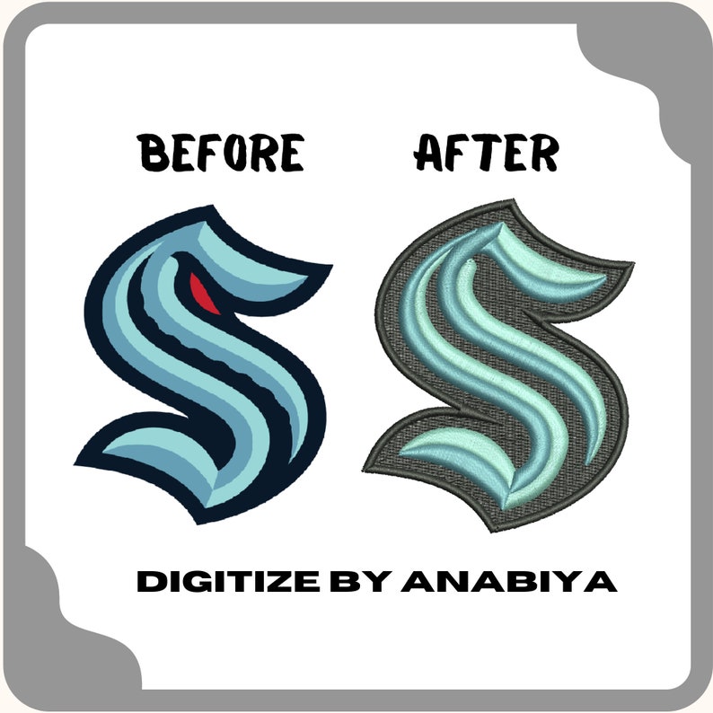 May include: Before and after images of a digitized embroidery design of a stylized letter "S" in blue and gray. The text "DIGITIZE BY ANABIYA" is below the images.