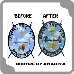 May include: A before and after image of a digitized embroidery design. The design features a circle with the words "Bridging The Gap Ministries" around the outside. Inside the circle is a blue sky with white clouds, a golden cross, two golden bridges, and a lion. The design is digitized for embroidery.