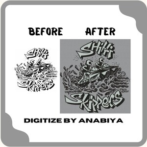 May include: Black and white illustration of a jet ski with three people on it, surrounded by water and waves. The text "Shiff Skippers" is written in a stylized font above the jet ski.