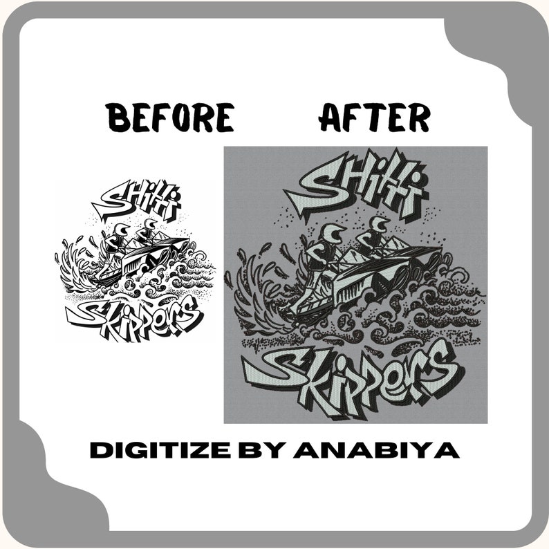 May include: Black and white illustration of a jet ski with three people on it, surrounded by water and waves. The text "Shiff Skippers" is written in a stylized font above the jet ski.
