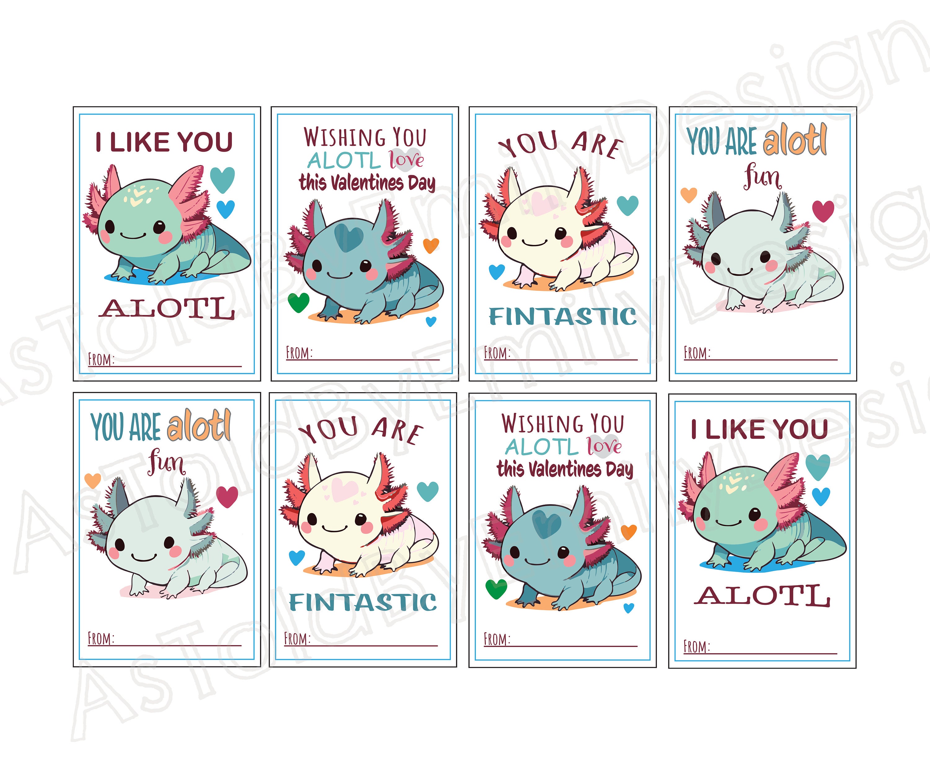 PRINTABLE Axolotl Cute Valentine's Cards - Write Your Own Name - Instant Download Print at Home DIY