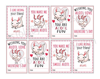 PRINTABLE Axolotl Cute Valentine&#39;s Cards - Write Your Own Name - Instant Download Print at Home DIY