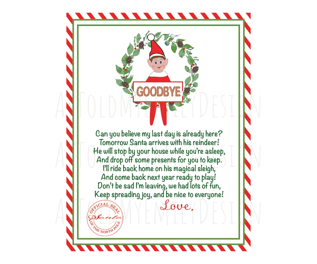 Elf Goodbye Farewell Letter Digital Download Print Printable Pdf Png Etsy