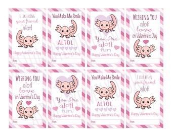PRINTABLE Axolotl Cute Valentine&#39;s Cards - Write Your Own Name - Instant Download Print at Home DIY