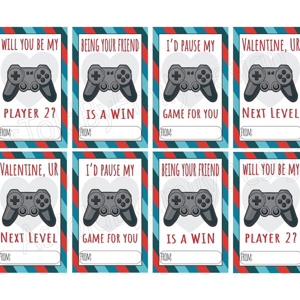 PRINTABLE Video Game Valentine's Cards with Controllers - Write Your Own Name - Instant Download Print Out at Home DIY